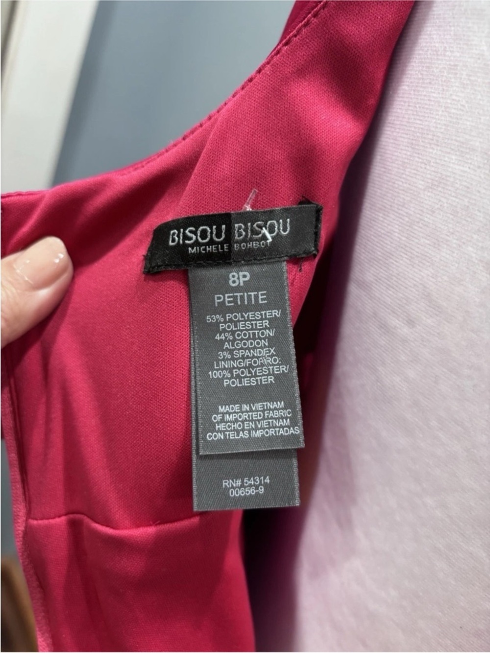 Bisou Bisou Hot Pink Satin Cocktail Dress Petite 8 Beaded Waist Bodycon - Picture 7 of 8